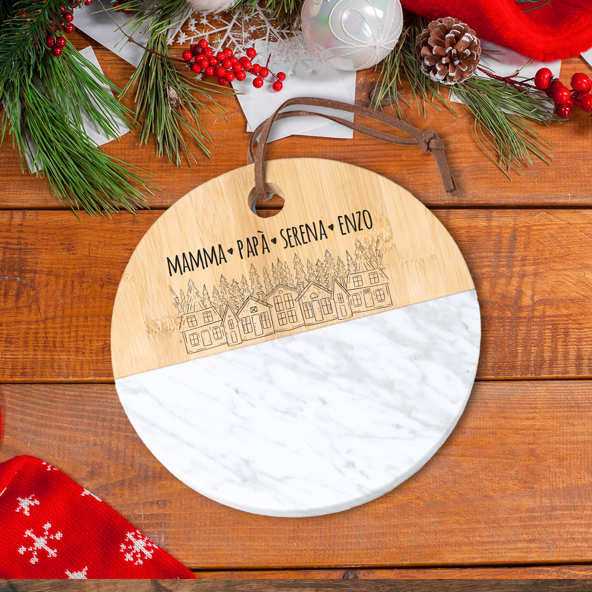 Family - Tagliere in marmo e bamboo naturale - personalizzato con nomi