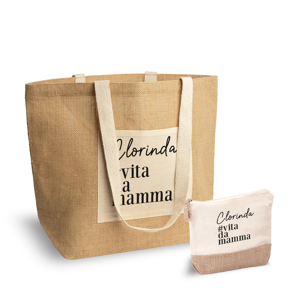 #vitamamma - Set Combo Borsa mare e Pochette in Juta laminata - personalizzato con nome