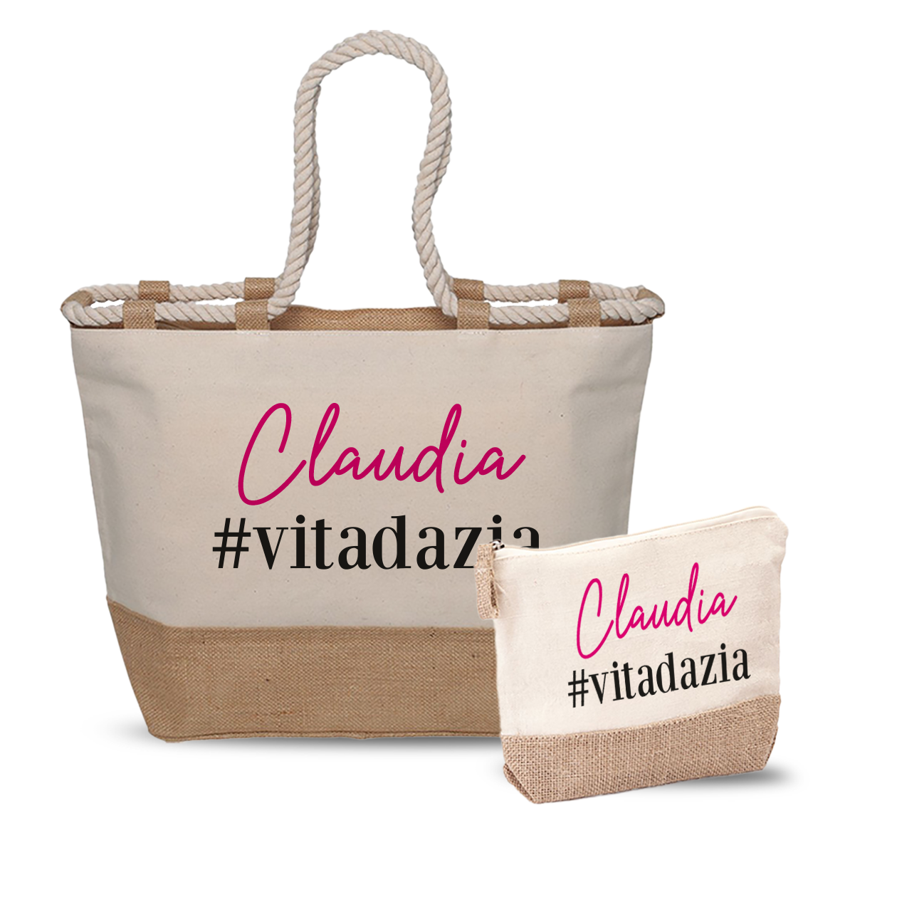 #vitadazia pink - Combo: Borsa mare + Pochette - personalizzata con nome