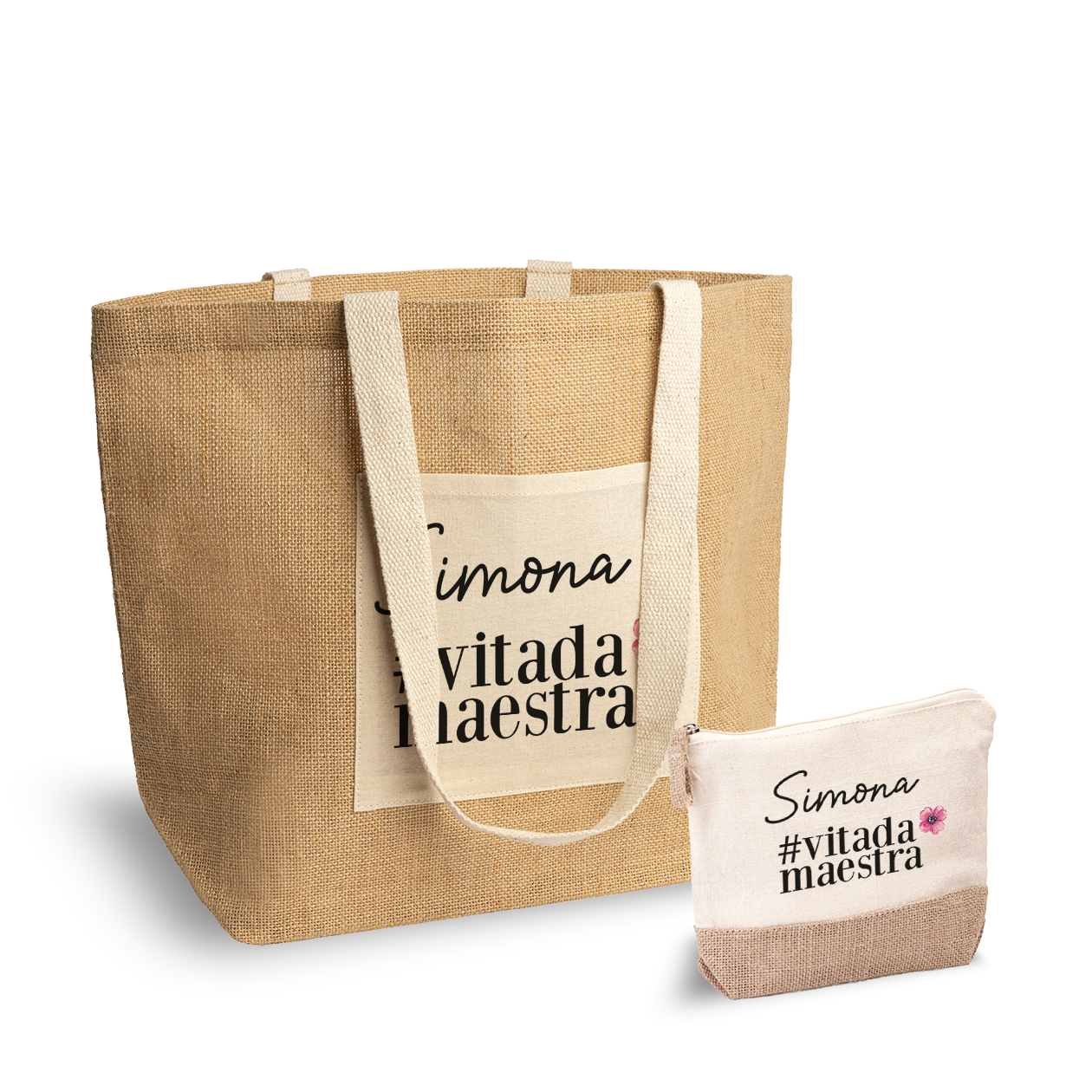 #vitadamaestra - Set Combo Borsa mare e Pochette in Juta laminata - personalizzata con nome