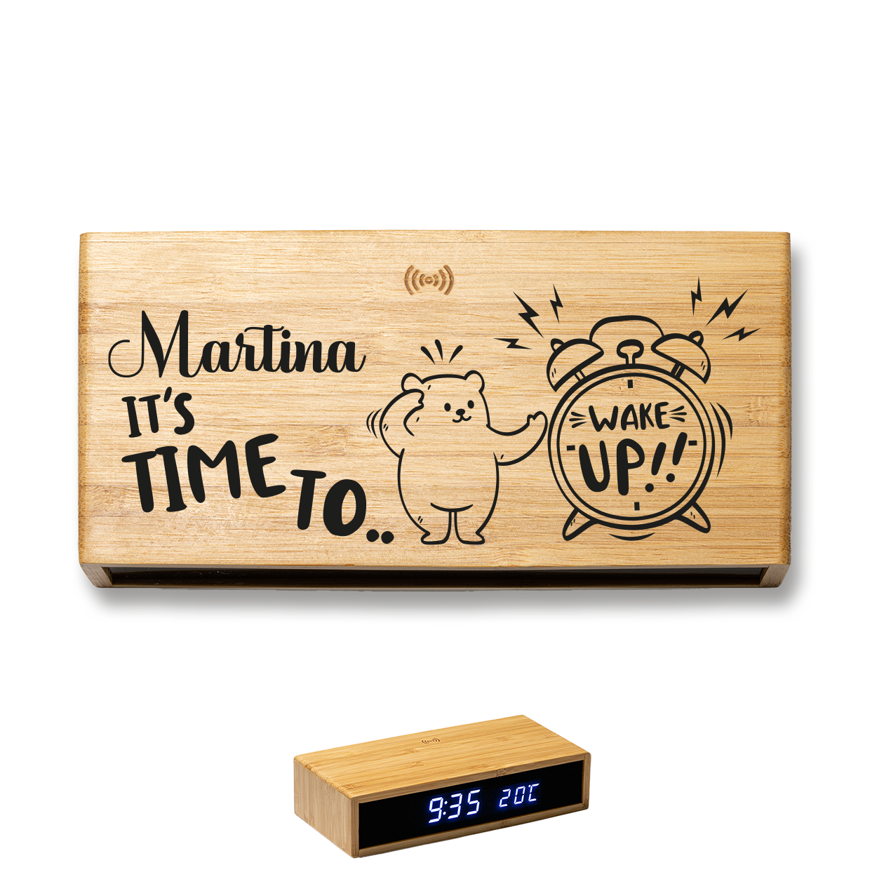 Wake up - Sveglia Digitale in Bambù con Orologio da Tavolo - personalizzata con nome