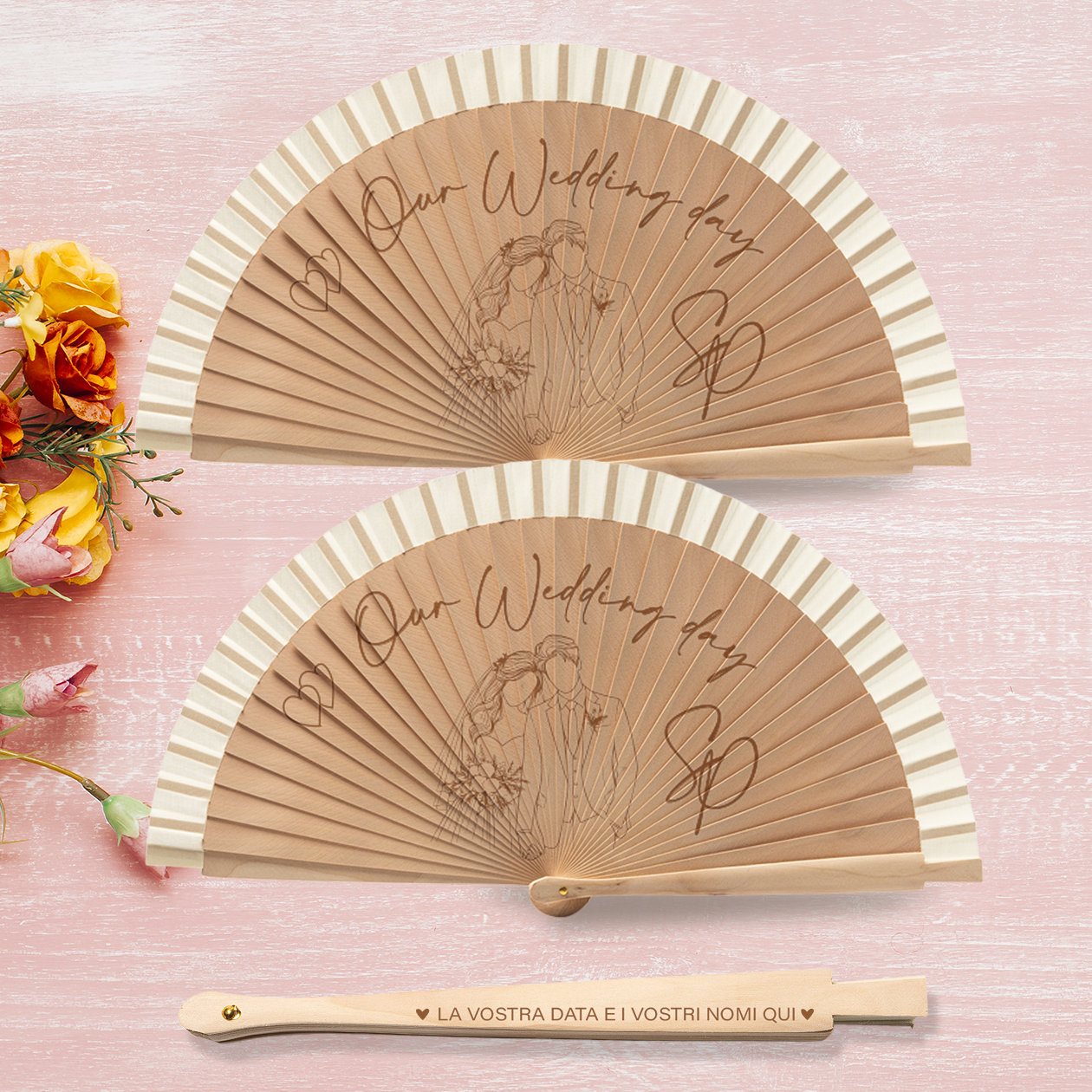 Our wedding day - Coppia di Ventagli in legno - personalizzata con nomi e data