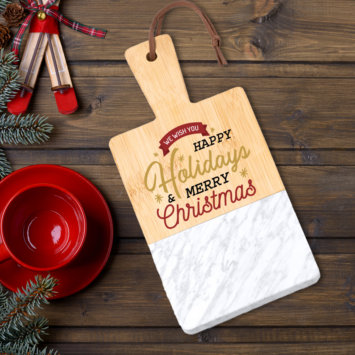 Holidays e Merry Christmas - Tagliere in marmo e bamboo naturale