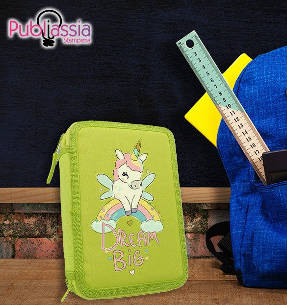 Unicorn - Astuccio Scuola 3 Zip Completo di 45 Pezzi con nome personalizzato