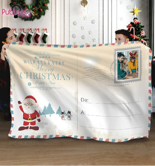 Plaid in Pile - coperta Natalizia Idea Regalo Natale Personalizzato Con Foto e dedica Post Card Merry Christmas