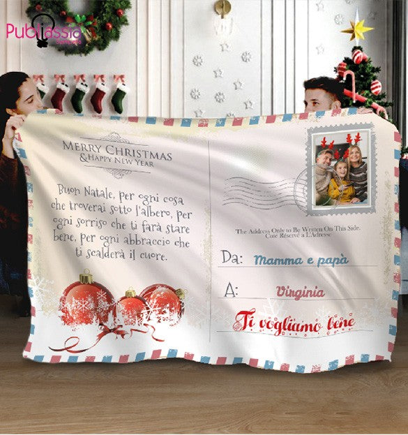 Plaid in Pile - coperta Natalizia Idea Regalo Natale Personalizzato Con Foto e dedica Post Card Merry Christmas