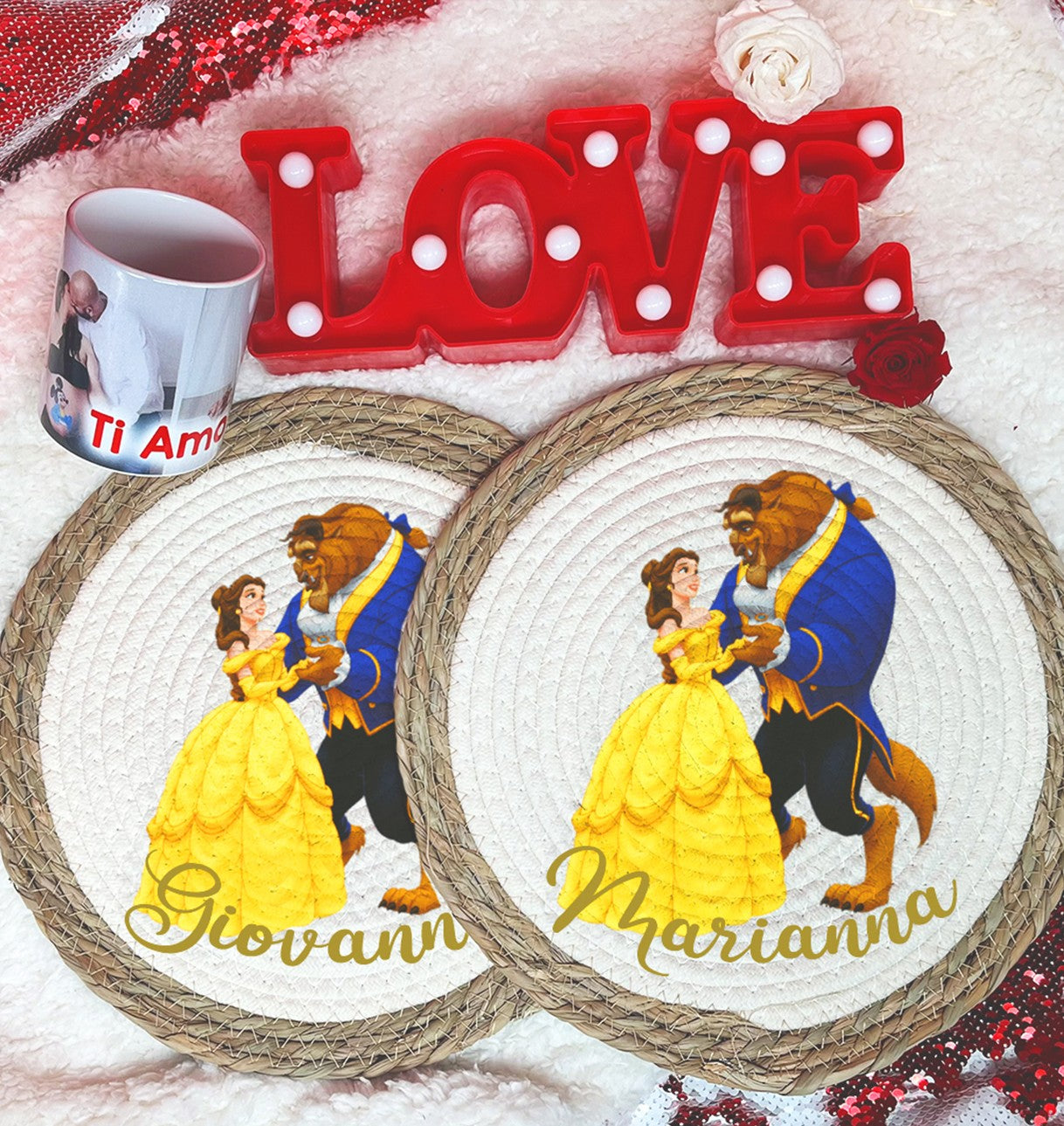Beauty and the Beast - Tovaglietta in vimini personalizzata con nomi