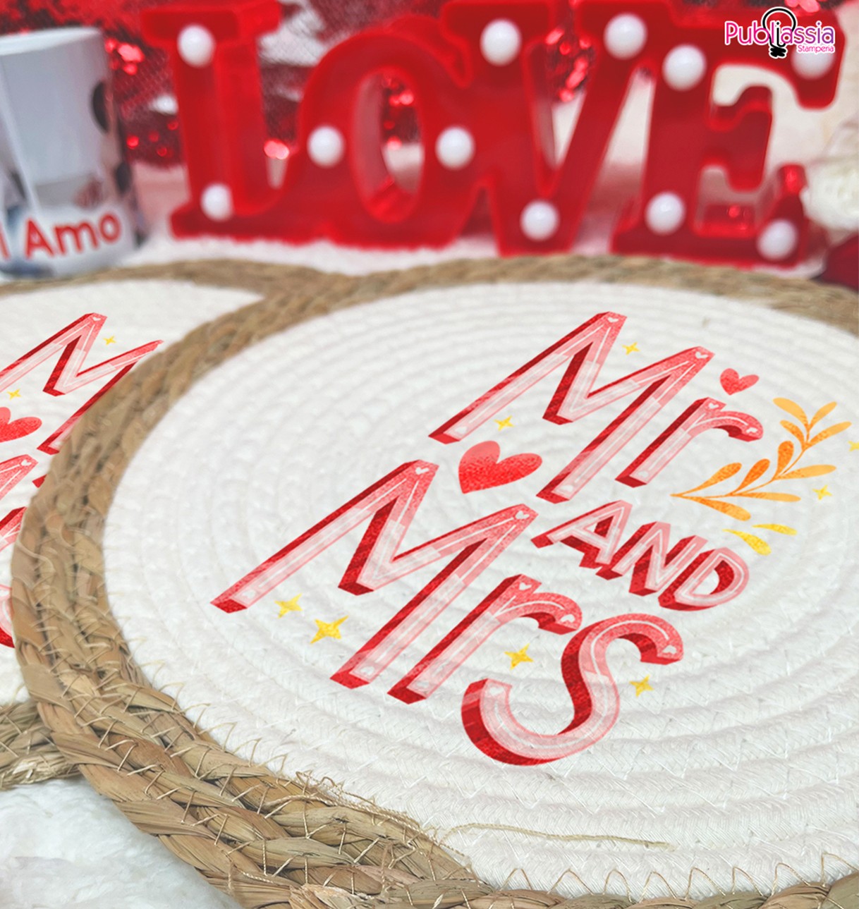 Mr e Mrs - Tovaglietta in vimini personalizzata con cognome