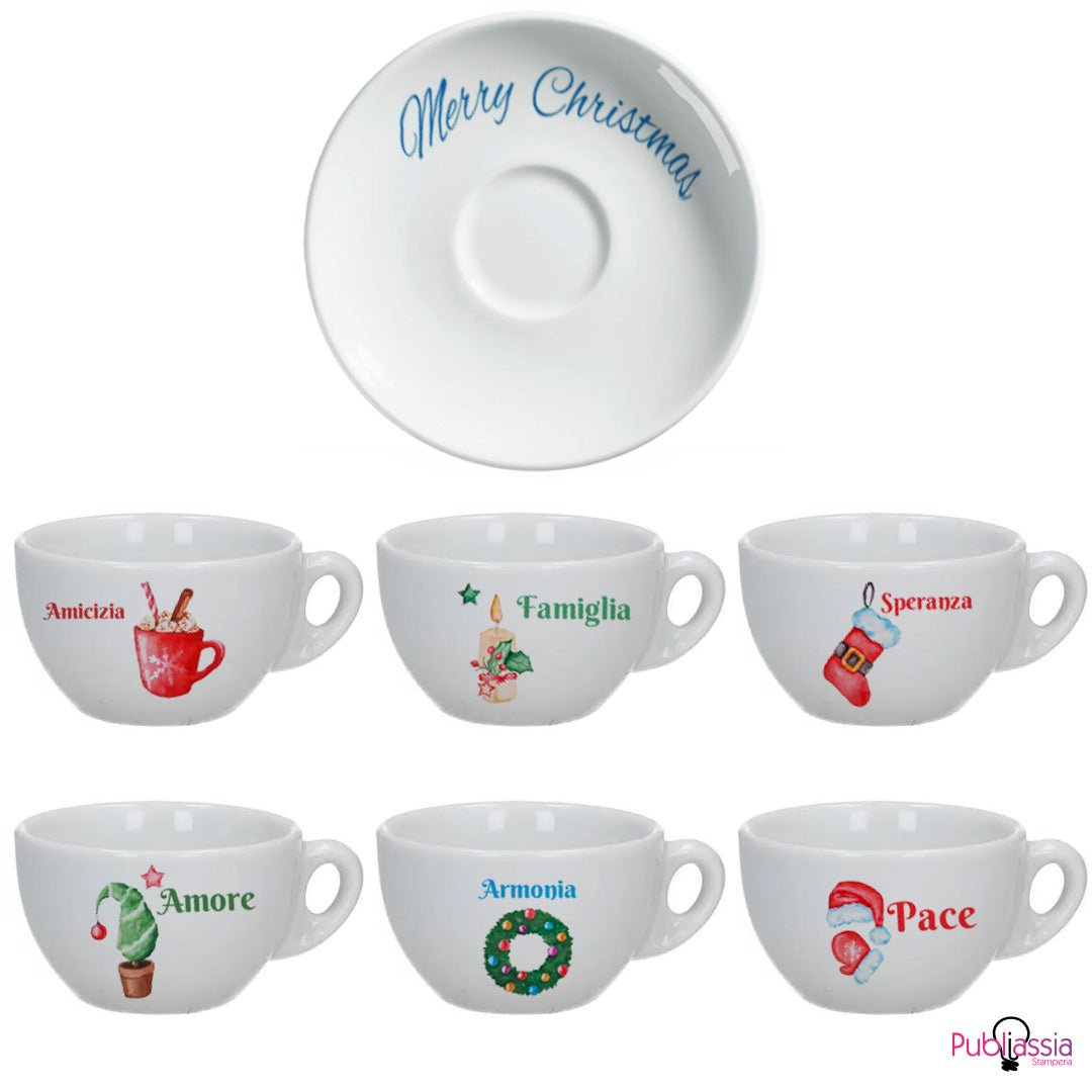 Merry Christmas - Set 6 Tazzine da Caffè + Piattini in Ceramica Personalizzati e Scatola rossa