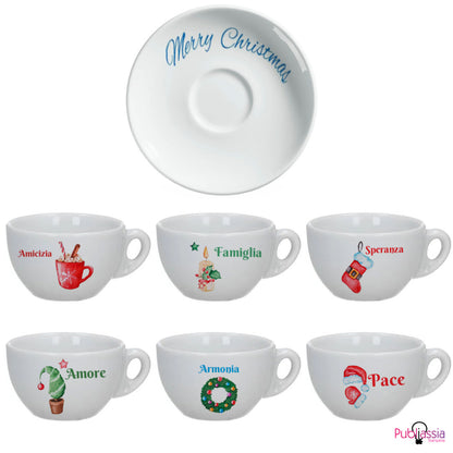 Merry Christmas - Set 6 Tazzine da Caffè + Piattini in Ceramica Personalizzati e Scatola rossa