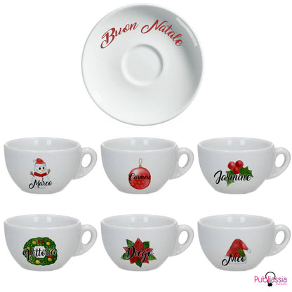 Buon Natale - Set 6 Tazzine da Caffè + Piattini in Ceramica Personalizzati con Nomi e Scatola rossa