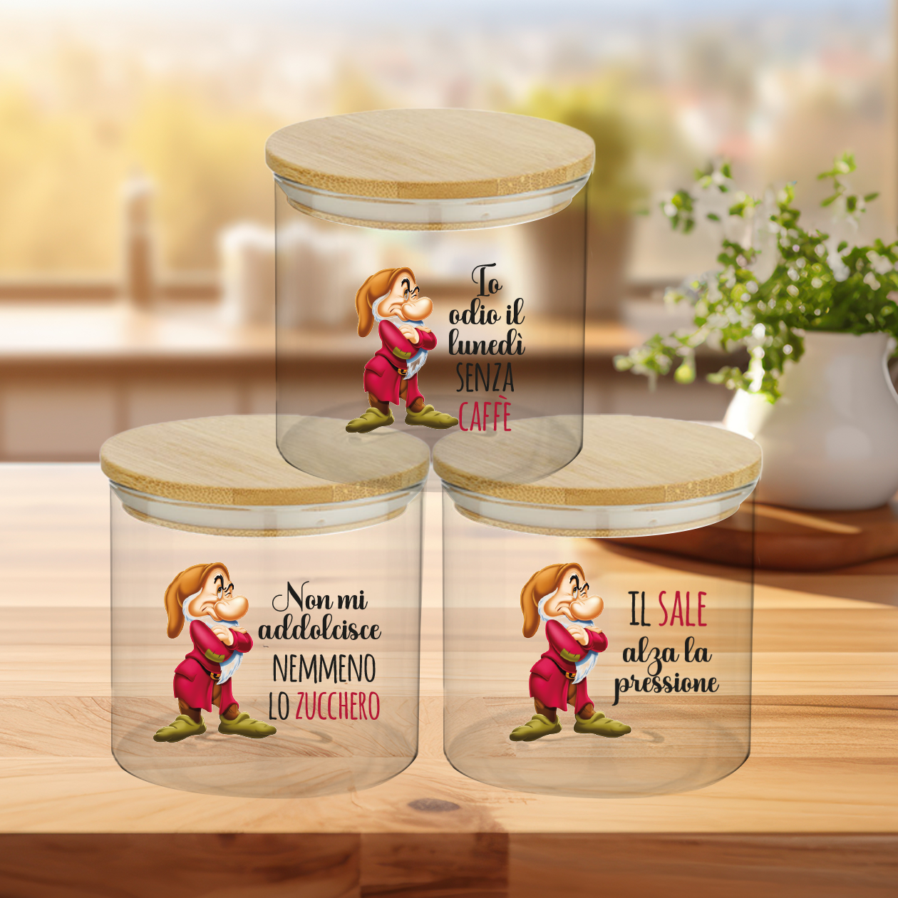 Brontolo - Set 3 Contenitori Trasparenti per Caffè Zucchero Sale