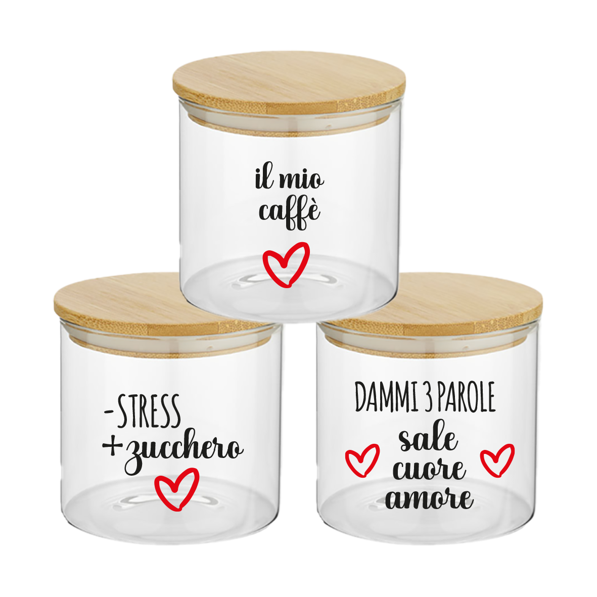Heart - Set 3 Contenitori Trasparenti per Caffè Zucchero Sale