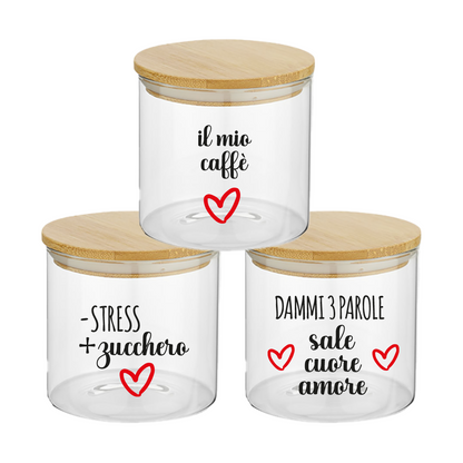 Heart - Set 3 Contenitori Trasparenti per Caffè Zucchero Sale