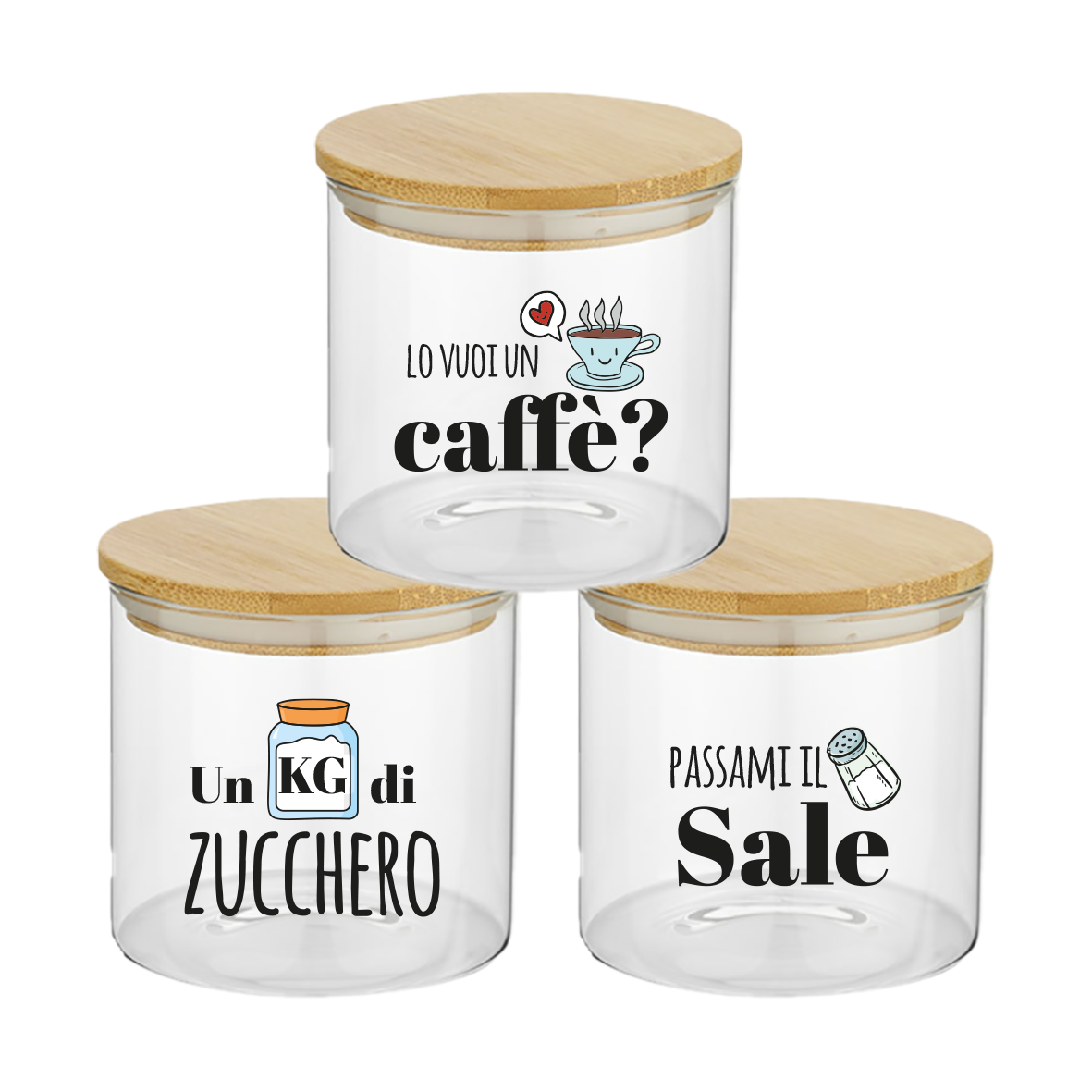 Lo vuoi un caffè? - Set 3 Contenitori Trasparenti per Caffè Zucchero Sale