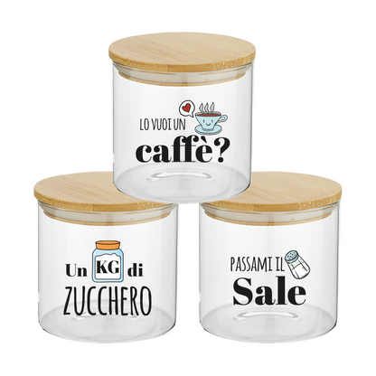 Lo vuoi un caffè? - Set 3 Contenitori Trasparenti per Caffè Zucchero Sale