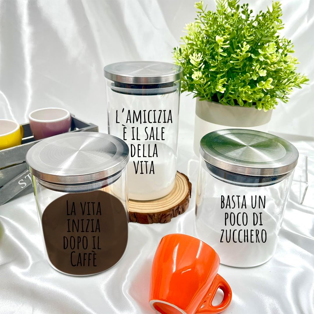 La vita inizia dopo il caffè - Set 3 Contenitori Trasparenti Con Coperchio Acciaio