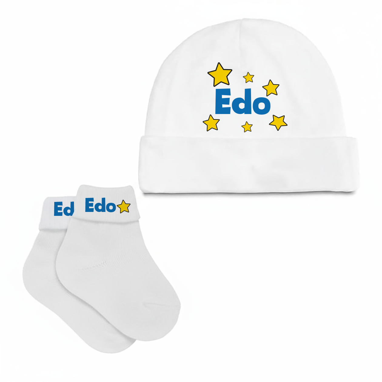 Blue stars - Set Nascita Cappellino + Calzini - personalizzato con nome
