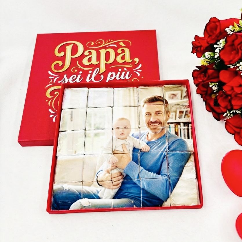 Papà sei il più dolce che ci sia - Scatola di cioccolatini a forma puzzle personalizzata con foto