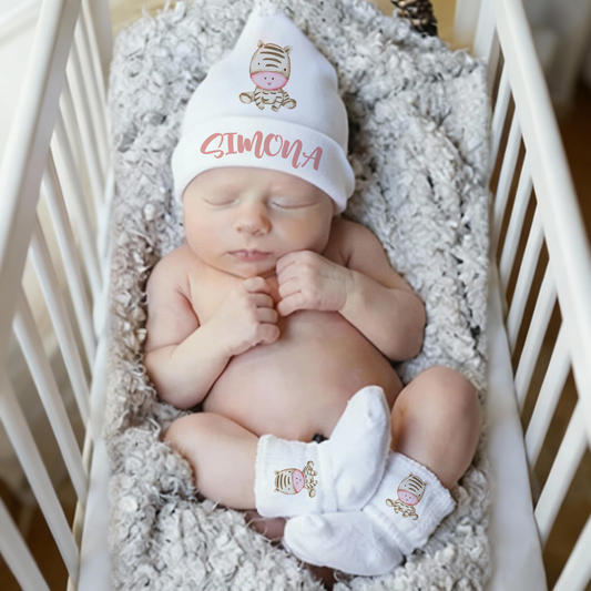 Baby Zebra - Set Nascita Cappellino + Calzini - personalizzato con nome