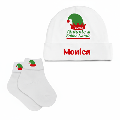 Piccola Aiutante di Babbo Natale - Set Nascita Cappellino + Calzini - personalizzato con nome