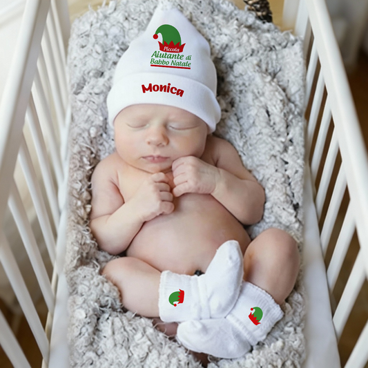 Piccola Aiutante di Babbo Natale - Set Nascita Cappellino + Calzini - personalizzato con nome