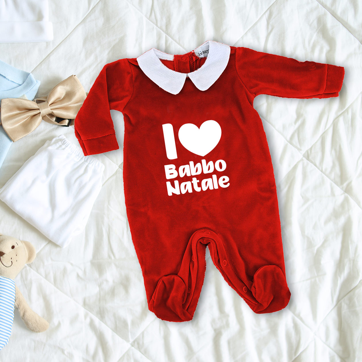 I love Banno Natale - Pagliaccetto Neonato in Ciniglia con Colletto Bianco