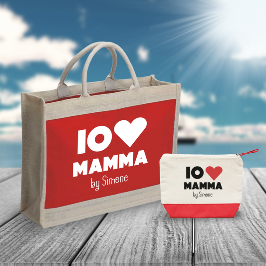 Io amo mamma - Combo: Borsa mare + Pochette - personalizzata con nome