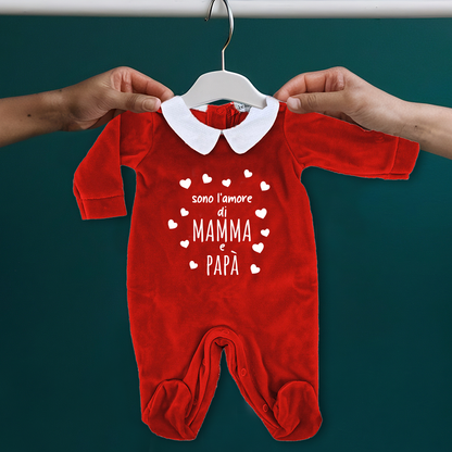 Sono l'amore di mamma e papà - Pagliaccetto Neonato in Ciniglia con Colletto Bianco