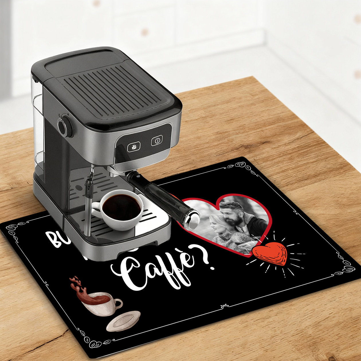 Buongiorno amore, caffè? - Tappetino per Macchina del caffè  con Retro in Gomma Tappeto 30x40cm - personalizzato con foto