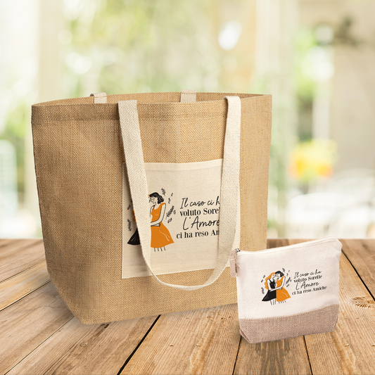 Amore tra sorelle - Set Combo Borsa mare e Pochette in Juta laminata