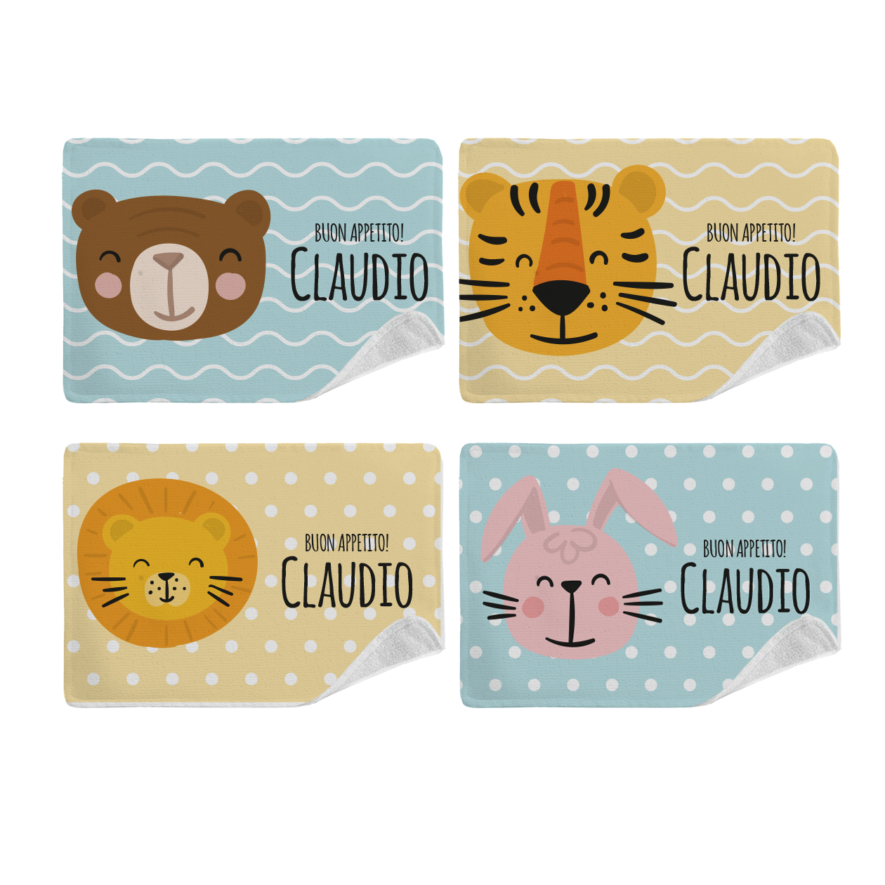 Animals - Set di 4 Tovagliette in tessuto lavabile - personalizzata con nome