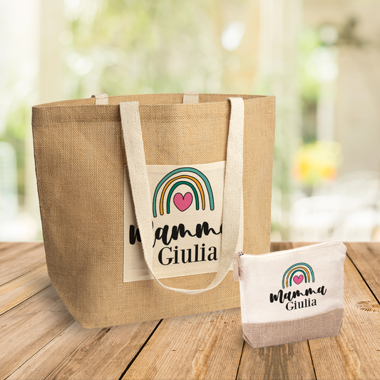 Mamma rainbow heart - Set Combo Borsa mare e Pochette in Juta laminata - personalizzata con nome