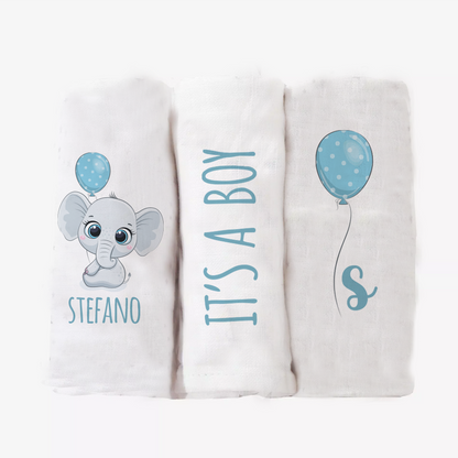 Baby Blue Elephant - Set 3 pezzi mussole personalizzate con nome