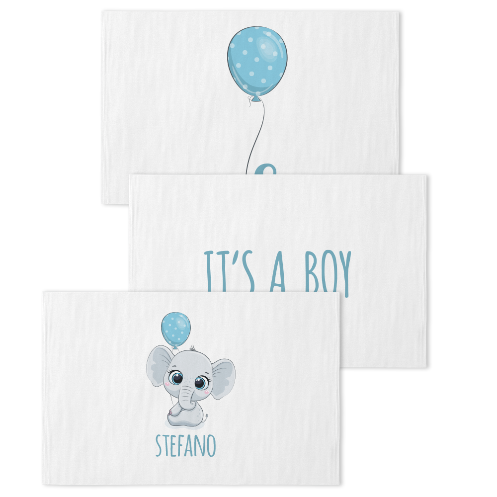Baby Blue Elephant - Set 3 pezzi mussole personalizzate con nome