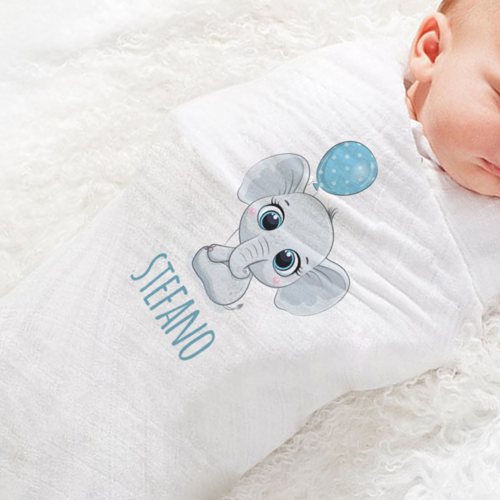 Baby Blue Elephant - Set 3 pezzi mussole personalizzate con nome