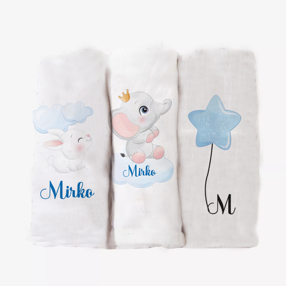 Baby Elephant King - Set 3 pezzi mussole personalizzate con nome