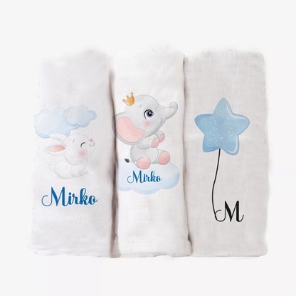 Baby Elephant King - Set 3 pezzi mussole personalizzate con nome
