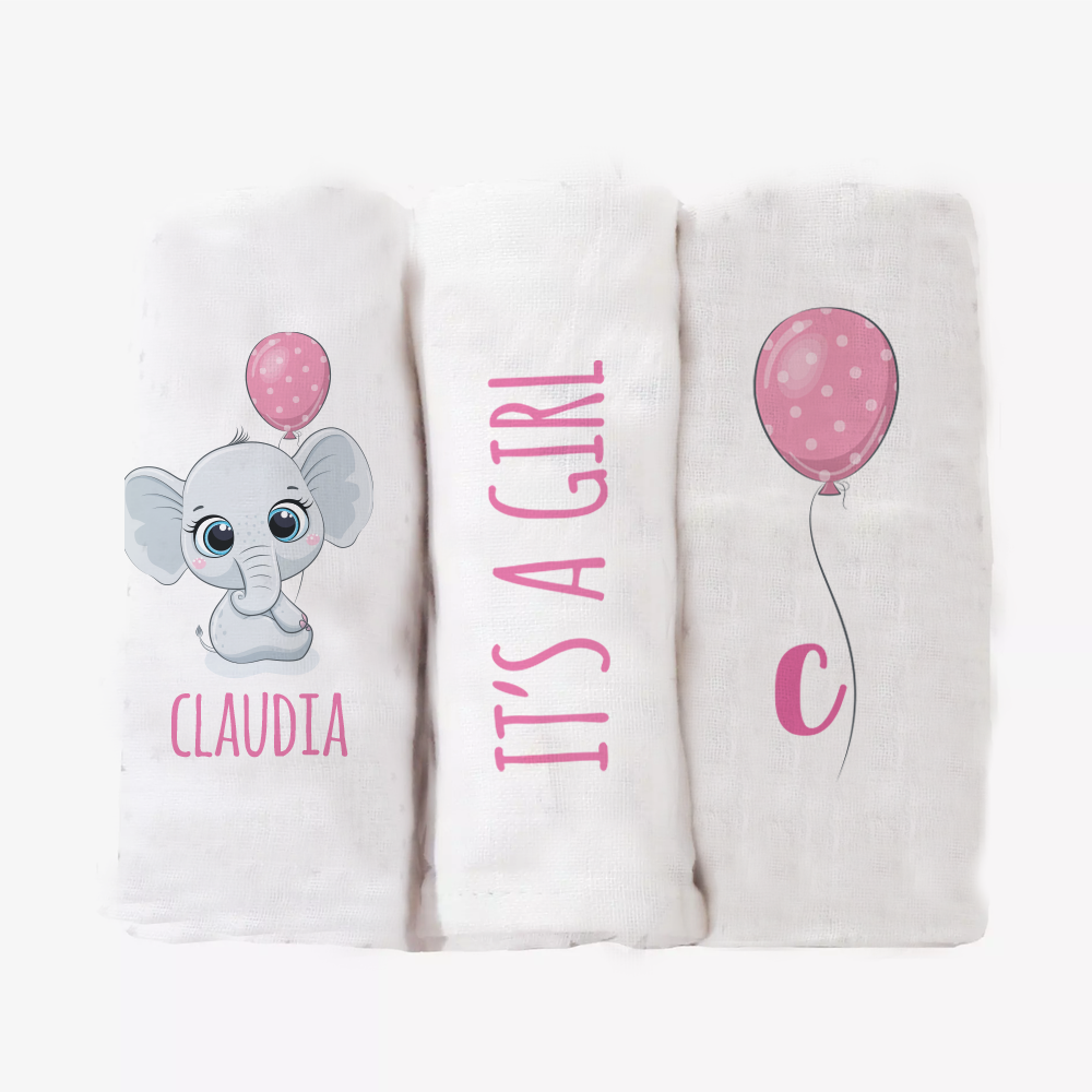 Baby Pink Elephant - Set 3 pezzi mussole personalizzate con nome