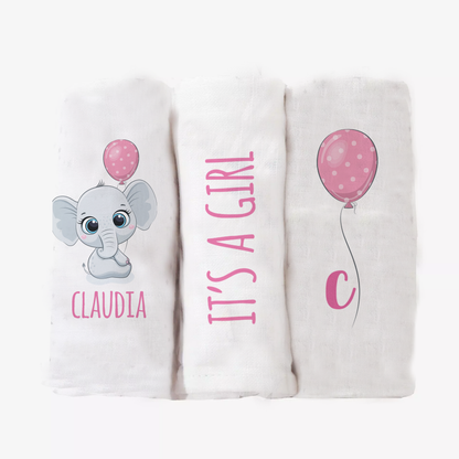 Baby Pink Elephant - Set 3 pezzi mussole personalizzate con nome