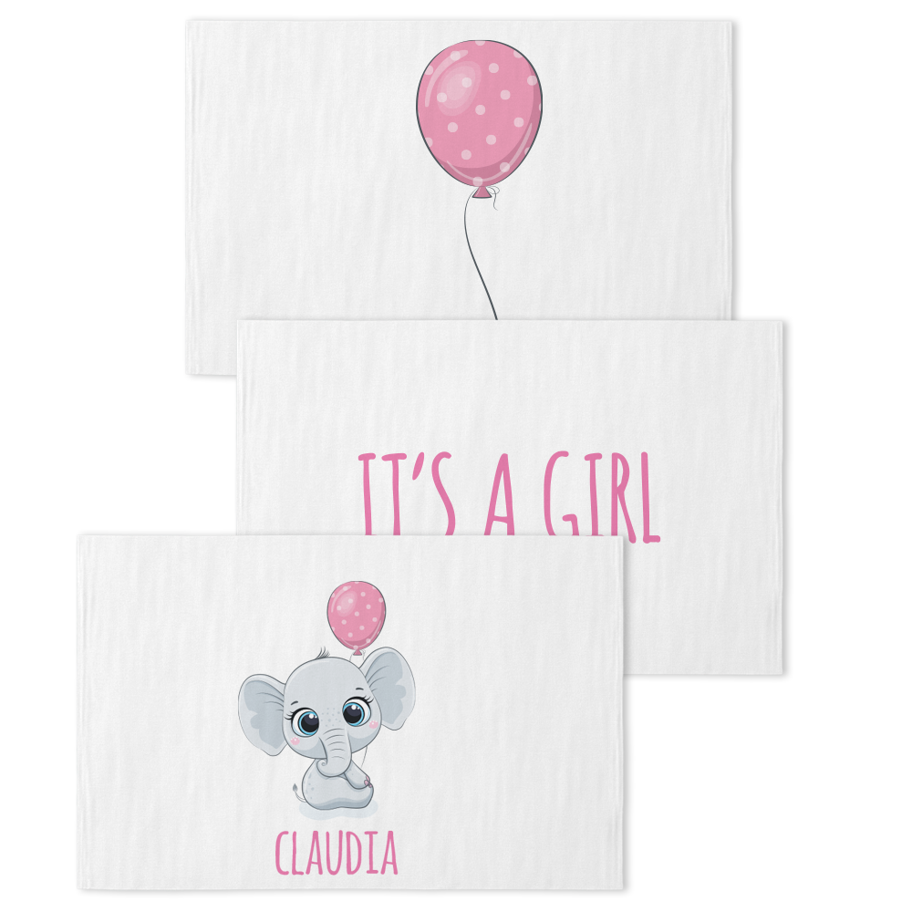 Baby Pink Elephant - Set 3 pezzi mussole personalizzate con nome