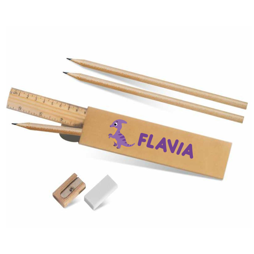 Dino - Kit cancelleria regalo in legno da 4 pezzi - personalizzato con nomi
