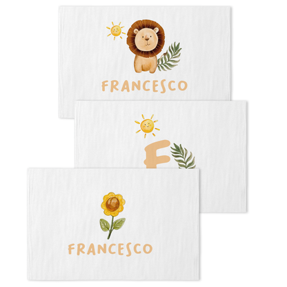 Baby Lyon - Set 3 pezzi mussole personalizzate con nome