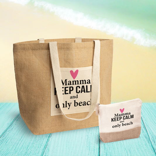 Mamma keep calm and only beach - Set Combo Borsa mare e Pochette in Juta laminata
