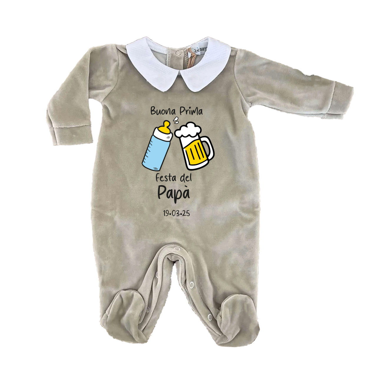 Buona prima festa del papà - Pagliaccetto Neonato in Ciniglia con Colletto Bianco personalizzato con data