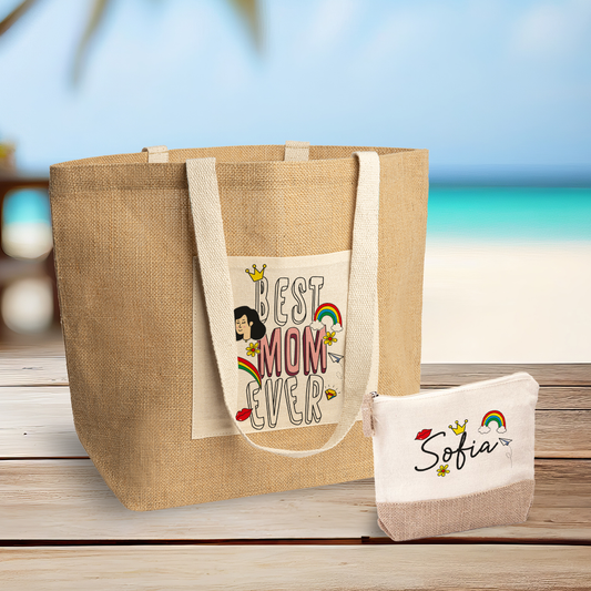 Best mom ever - Set Combo Borsa mare e Pochette in Juta laminata