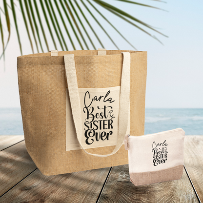 Best sister ever - Set Combo Borsa mare e Pochette in Juta laminata - personalizzato con nome
