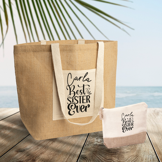 Best sister ever - Set Combo Borsa mare e Pochette in Juta laminata - personalizzato con nome