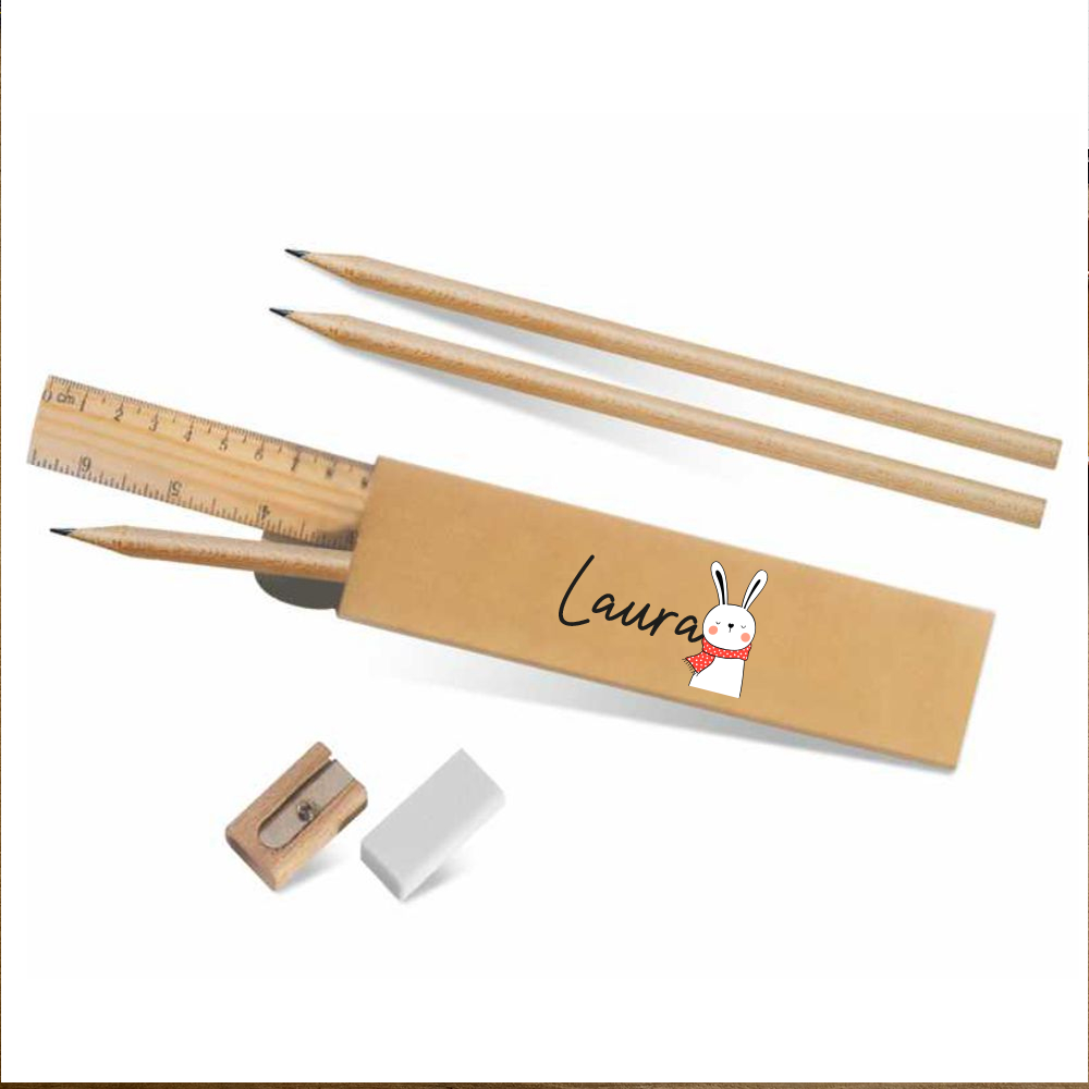 Baby animals - Kit cancelleria regalo in legno da 4 pezzi - personalizzato con nomi