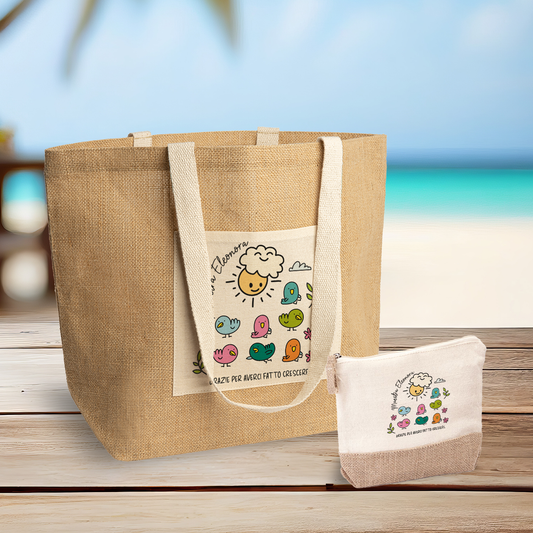 Grazie per averci fatto crescere - Set Combo Borsa mare e Pochette in Juta laminata - personalizzata con nome